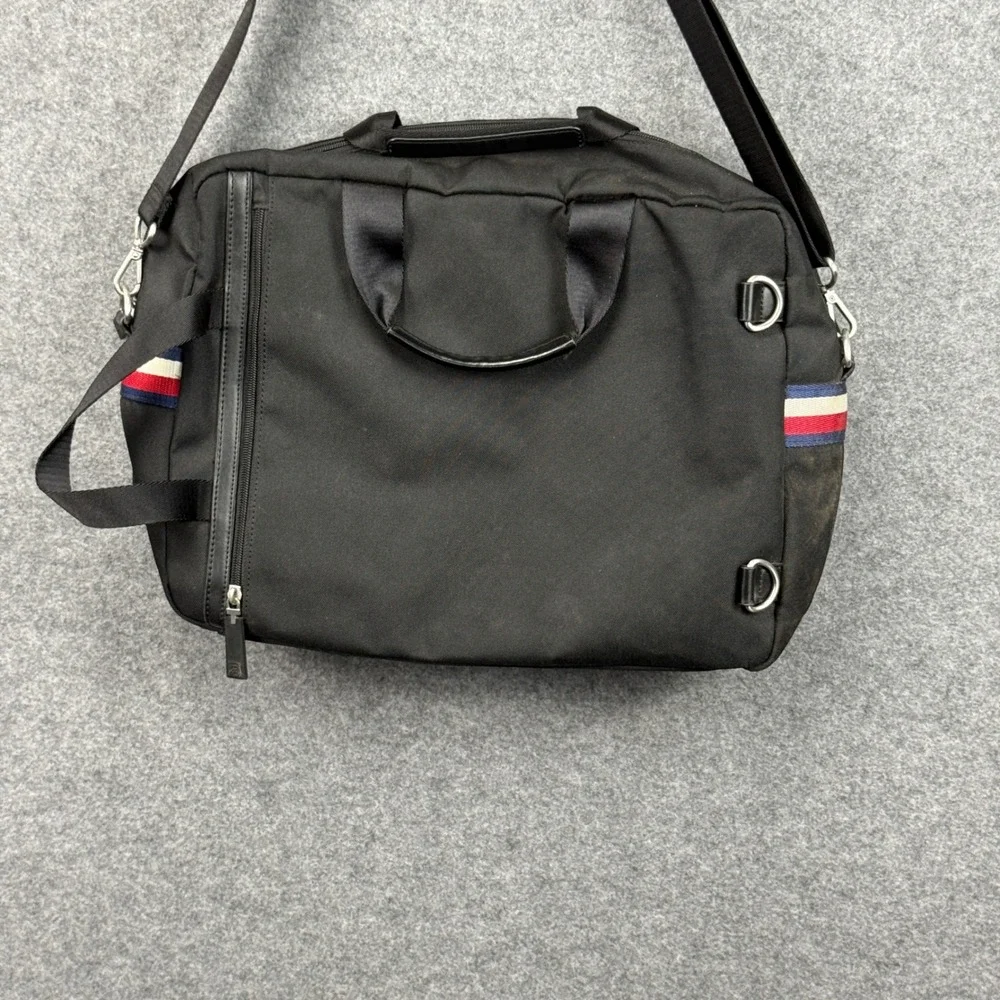 Tommy Hilfiger Mens Black Canvas‎ Messenger Bag Laptop Crossbody Stripe Accent